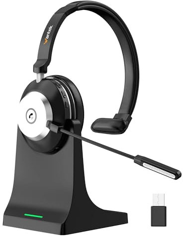 Wantek Casque Bluetooth Mono avec Micro Réduction de Bruit AI pour Bureau/Téléconférence (PC/Smartphone/Teams/Zoom) – Base de Charge & Dongle USB Inclus