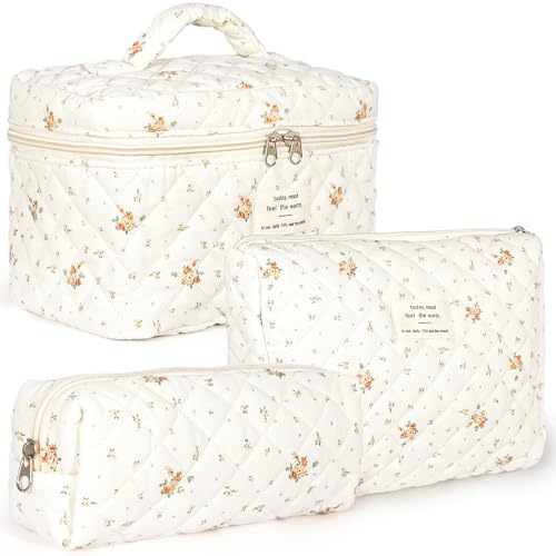 POWZOO 3er Set Tragbare Schminktasche Damen,Baumwolle Blumenmuster Hellrosa | Kulturtasche Damen,Niedlich,Leichtgewichtig,Süßes Design für Mädchen,Kinder,Tolles Geschenk für Geburtstage
