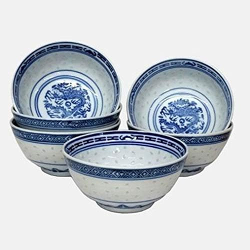 NaturallyTakeCare Set of 6 Small 4 (10cm) Oriental Chinese Blue & White Porcelain Rice Bowls Classic Dragon & Rice Grain “Ling Long” Pattern Fine Ceramic Dinnerware for Asian Cuisine & Everyday Use