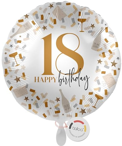 balloa Folienballon 18, runder Helium Ballon zum 18.Geburtstag, Geschenk für junge Erwachsene, Partydeko für Mädchen oder Jungen, befüllbar mit Helium oder Luft, Folienballon Geburtstag, 33cm