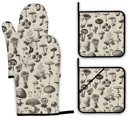 Vintage Mushroom Forest Oven Mitts and Pot Holders,Heat Resistant Oven Mitts Gloves and Pot Holder for Home Kitchen Decorations Cooking Baking BBQ Gifts,Set of 4