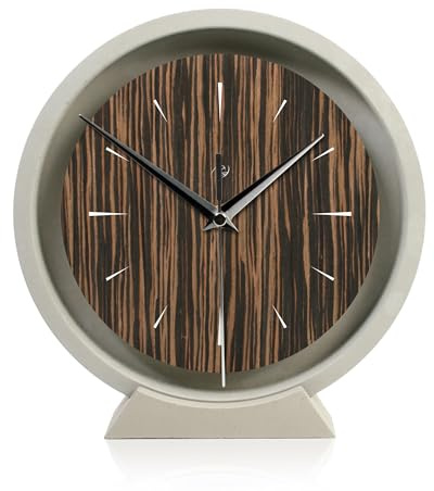 Kreative Feder Runde Tischuhr aus Beton im Industrial Design – leise Standuhr ohne Ticken in minimalistischem Design mit exklusivem Echtholzdekor – Maße ca.: 22x23cm (Ebenholz, leises Funkuhrwerk)