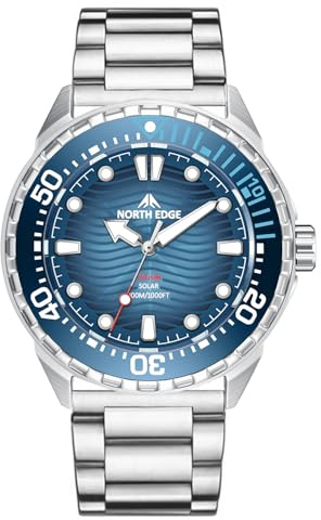 TACTIME Montre solaire pour homme - Étanche jusqu'à 300 m - Bracelet en acier inoxydable 316L - Montre analogique à quartz pour plongée et utilisation quotidienne, bleu, Parfait pour : le quotidien