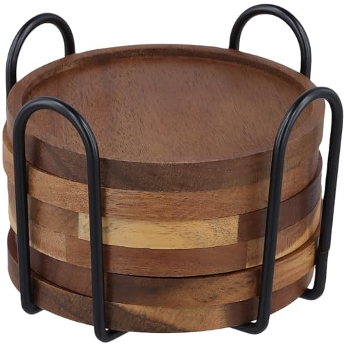 CHUEHKAK Untersetzer Gläser Holz 6er Set, Getränkeuntersetzer mit Metallhalter, 10cm Runde Glasuntersetzer Holz für Getränke Kaffee Bar Küche - Tischuntersetzer Tassenuntersetzer Deko