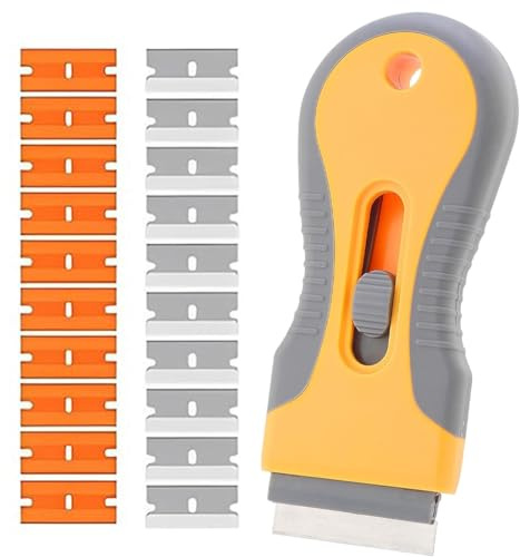 LEPZUR 1 Raschietto per Piano Cottura Vetro con 20 Lame - Testa Telescopica con 10 Lame Plastica e 10 Acciaio Carbonio - Per Pulizia Universale da Adesivi e Vernice