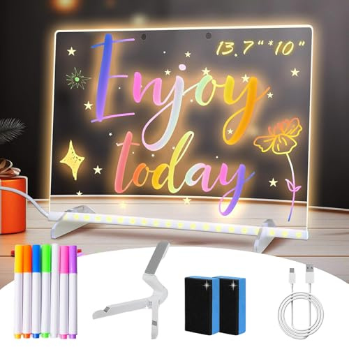 Tablette Lumineuse Wondiko, Tablette Dessin Lumineuse Enfant, Planche a Dessin Lumineuse, Tableau Acrylique LED Lumineux, Tableau Mémo Réinscriptible avec Support, 7 Stylos Couleurs (15×15cm)
