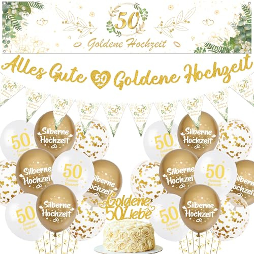 Goldene Hochzeit Deko Banner Luftballons Set - Gold 50 Hochzeitstag Dekoration mit Girlande Ballons, Wimpel und Stoff Dekorationen für 50. Jubiläum Party