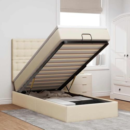Qnhdfrt Ottomanbett 90x190 cm mit Matratze und Kopfteil in Creme, Stoffbezug, hydraulischer Stauraum-Mechanismus, Jugendzimmer und Gästezimmer geeignet