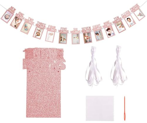 Ghirlanda di Compleanno 12 Mesi, Festone Ghirlanda Foto per Primo Anno bambino maschio bambina, Bandierine 12 Cartoncini di Carta per Foto Mensili Decorazione Fotografico per Baby Shower, Oro Rosa