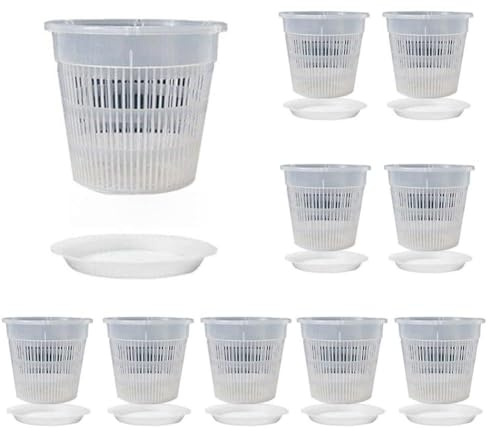 Gettimore Vasi trasparenti per orchidee con fori e basi, 10 vasi da fiori traspiranti per orchidee, piante grasse, violette, cactus, vasi per piante in ABS trasparente, 110 mm