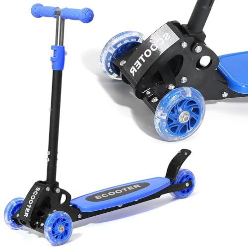 HOSKO Kick Scooter for Kids 2-7 Age， Light up 3 Wheels Kick Scooter, Heavy Duty Folding Lean-to-Steer Scooters with 3 Adjustable Handlebar for Boys Girls Blue