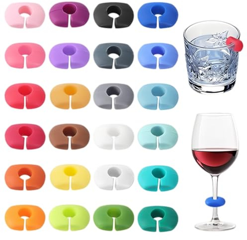 BOGCLEE 24 Stück Glasmarker, Glasmarkierer Silicon, Glas Markierung Trinkgläser, Wiederverwendbar Charm Weinglasring für Weinglas, Tassen, Trinkglas,Cocktailglas