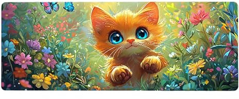 Large Mouse Mat, 30x60cmx3mm, Gaming Mouse Pad, Rubber Base, Stitched Edges, Water Resistant Easy Clean, For All Types, Extend Desktop Protection, Office Men's Gifts, Cat Flower D1YY-783