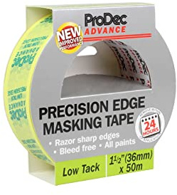 ProDec Advance 36 mm (1,5 tum) x 50 m precisionskant multiytmålare maskeringstejp för rakhyvlar vassa linjer utan färgblödning för inomhusmålning och dekoration, kompatibel med alla färger