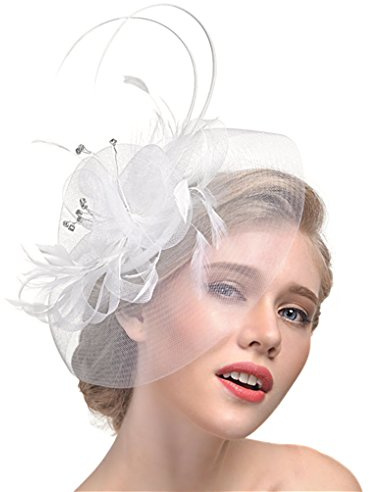 YJZQ Voile Mariage Femme Coiffure Chapeau Mariage Bibi Mariage Chapeau Fleur Broche Béret à Pince avec Plume Décoré Accessoire de Cheveux Mini pour Mariage Cocktail et Fête