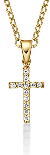 Diamond Treats 9 Karat Gold Kreuz Anhänger mit kubischen Zirkonia und Kette, zierliche 9K Gelbgold Kreuz-Anhänger Halskette für Damen und Mädchen, Kreuz Anhänger mit optionaler 40-50 cm Goldkette