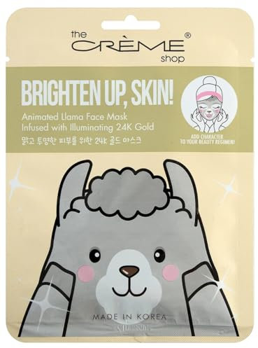 The Creme Shop. Mascarilla facial de cosmética con motivos de llama. Brighten up, Skin! Llama Mascarilla infusionada con oro de 24K. Ilumina intensamente la piel. Cruelty free.
