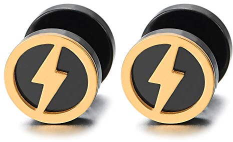 COOLSTEELANDBEYOND Paio Nero Oro Fulmine Bullone Cerchio Orecchini da Uomo Donna, Finto Dilatatore Fake Cheater Plug Gauges, Acciaio 1 Paio