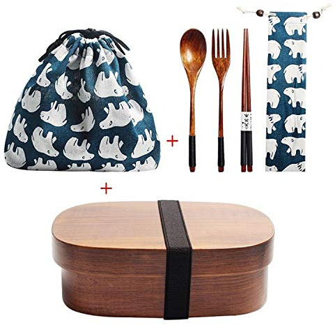 Holz Lunch Box japanische Bento Box Geschirr Set mit Tasche und Löffel Gabel Stäbchen Picknick Box für Studenten (JP5)