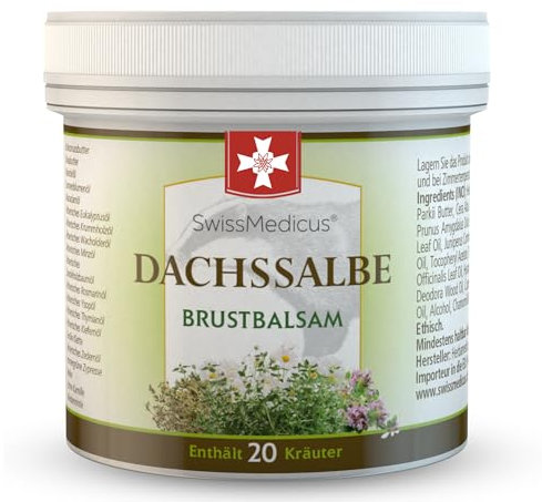 SwissMedicus DACHSSALBE - Brustbalsam - Salbe angereichert mit 20 Kräuterextrakten - Massage für Brust, Hals, Nacken, Rücken sowie Stirn und Schläfen - 125 ml