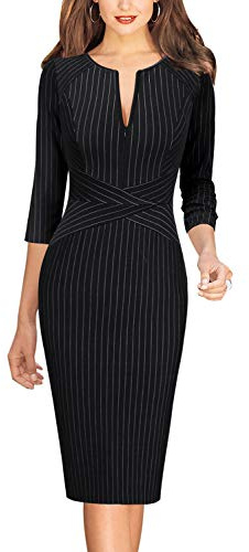 VFSHOW Womens Black and White Striped Spring Fall Slim Zipper Up Work Business Office Party Bodycon Pencil Sheath Dress 7121 BLK S