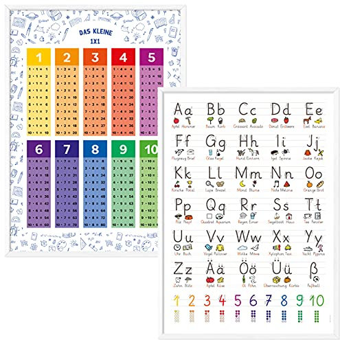 kizibi® 1x1 und Grundschrift Poster Set A2 mit Bilderrahmen Holz Weiß für Kinderzimmer, Lernposter für Mädchen und Jungen, für Kindergarten, Vorschule oder Grundschule