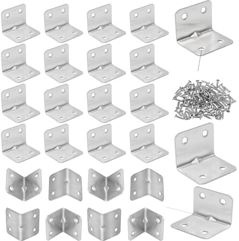 24 PCS Corner Brackets for Wood, Right Angle Bracket with Screws L Shaped Stainless Steel Corner Brace 90 Degree Plate Fastener Brackets for Furniture Shelf Fence Fixing