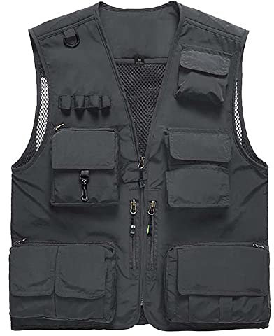 YOYOYAYA Herren-Weste für Herren, lässig, Outdoor, abnehmbar, multifunktional, Reporter, Reisen, Fotografie, schnelltrocknend, Netzgewebe, Angelweste, Damen, Grau, Größe 5XL