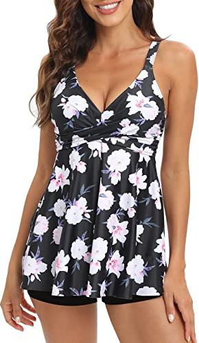 Adigaber Damen zweiteilig Badeanzug Push up Bademoden bauchweg Tankini Set mit Hot Pants Drucken Badeanzug Sportlich