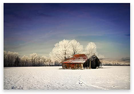 GEILEX Natura Paesaggio invernale Dipinto Stampa su tela. Poster e stampe della capanna sull'albero della neve. Moderna decorazione da parete con scena di neve. 60x90 cm (23,7x35,5) Senza cornice