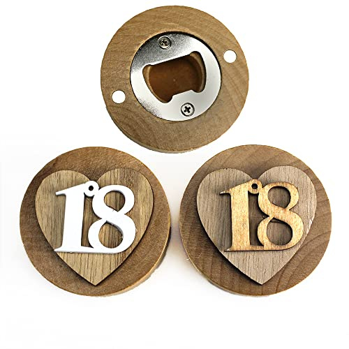 DLM 32809 (Kit 12 Pezzi) Apri Bottiglie Apribottiglie con Calamita Moderno Design Tondo in Legno + Scatolina in bambù Cuore Festa 18 Anni Diciottesimo Compleanno bomboniera