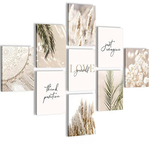 Novart Wandbilder Boho - KOMPLETT AUFHÄNGFERTIG - Pampasgras Wohnzimmer Schlafzimmer- 9 Moderne Mood-Bilder - N024791a