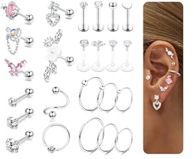 CASSIECA 24 Stück 16G Piercing Set Silber Helix Tragus Ohrringe für Frauen - Chirurgenstahl Schmetterling Blume Ohrstecker Knorpel