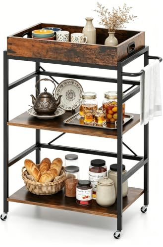 KOMFOTTEU Chariot de Service Industriel avec 4 roulettes verouillées, Desserte de Cuisine avec Plateau supérieur Amovible, Chariot de Bar à 3 Niveaux, Style Vintage, 72,5 x 40 x 93 cm
