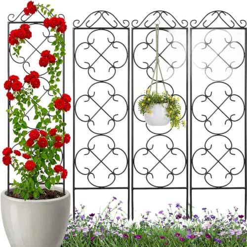 Thealyn Rankgitter Metall 4er Set, 142 x 31 cm, Pflanzenstütze | für Kletterpflanzen, Rankhilfe für Blumentopf, Balkon, Terrasse und Garten, für Clematis, Efeu und Blumen, Schwarz