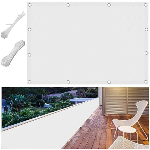 FlySoul Balkon Sicht Verkleidung Schutz Abdeckung Ohne Bohren 140x700cm Balkonbespannung Blickdichte Windschutz Wasserdicht UV-Schutz für Balkongeländer Garten mit Kabelbinder und Ösen Weiß