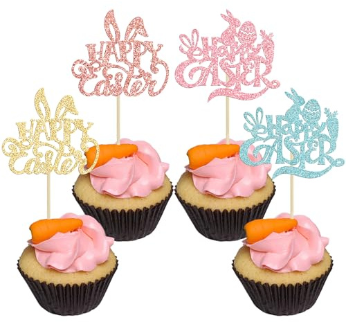 Gyufise 24 Pack Happy Easter Cupcake Toppers Glitter Rabbit Bunny Cupcake Pick Decorations for Happy Easter Spring Themed Baby Shower Kids Birthday Cake Decoration Party Supplies Multi