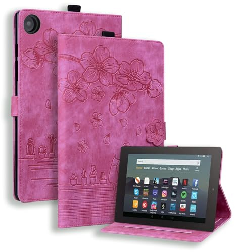 SLLMYYX Tablet-Hülle kompatibel mit Kindle Fire HD 8 & 8 Plus Tablet (12. / 10. Generation 2022/2020), Kirschblüten-Katze, PU-Leder, Folio-Ständer, Smart Cover (Rose)