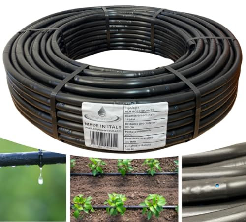 acquaverde | Ala Gocciolante ø 16 mm Passo 80 cm con Gocciolatore Doppio Foro 2 L/H SUPER, Rotolo da 100 mt, Tubo In Polietilene per Irrigazione a Goccia Automatica, Nero - Orto Facile