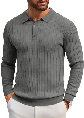 COOFANDY Maglione da uomo con colletto polo a maniche lunghe, maglia fine, vestibilità normale, basic tinta unita, A-grigio., 3XL