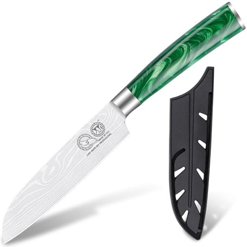 XYJ giapponese Santoku coltello in acciaio inox 5 pollici rasoio affilato coltello da cucina per frutta verdura, posate da cucina, coltello mannaia carne con copertura, manico in resina verde