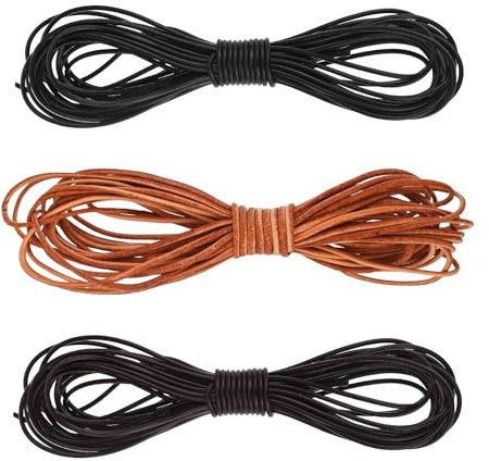 Prasacco 3 rullar lädersnöre, 5 m x 1,5 mm runt läderband, rivbeständigt lädersnöre för gör-det-själv-hantverk, nyckelband, armband, halsband, skosnören, presentförpackningar (svart, natur, brun)