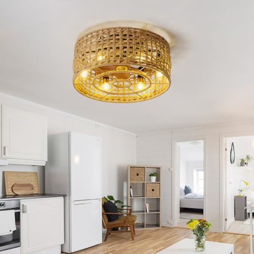 YFHKWJ Handmade Rattan Ceiling Fan with Light and Remote Control APP Quiet DC Motor 6 Speed Retro Ceiling Light with Fan for Bedroom Living Room Cage Design Ceiling Fan Summer & Winter Reversible