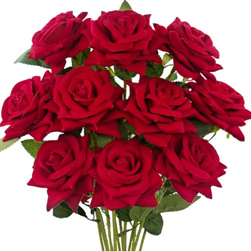 Mutcolor 12 rose rosse in velluto con steli lunghi, bouquet di rose finte in seta per San Valentino, fai da te, matrimoni, feste, centrotavola, decorazioni per la casa