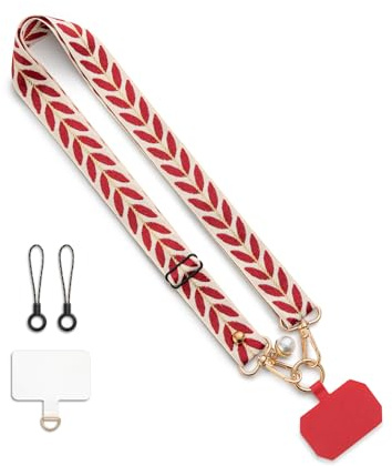 CHUQING Cordon Téléphone Portable Tour de Cou, Lanière Réglable Rouge | Lanière Réglable avec Motif Feuilles pour Cou, Épaule et Poignet