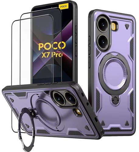 KANSi Case for Xiaomi Poco X7 Pro/Poco X7 Pro 5G and Tempered Glass*2, Rugged Phone Case with Kickstand and Ring Holder - Purple