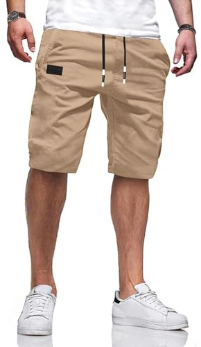 VMSUCIJ Herrshorts sommar korta byxor bermudashorts eleganta vardagliga elastiska midjebyxor bomull med fickor, Khaki, S