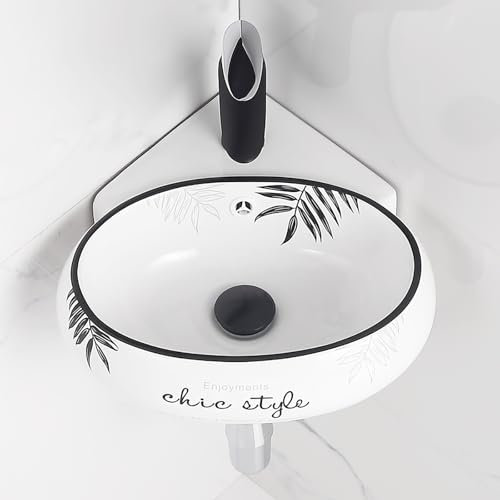 Lavandini Ad Angolo Per Bagno,Lavabo In Ceramica,Lavabo A Parete,Lavello In Ceramica Ad Angolo Con Foro,Lavabo Ad Angolo Su Piedistallo,Montaggio A Parete Ovale,Design Salvaspazio(Black leaves,W41cm/1