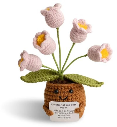 Huipalon Positive Crochet Flowers Handmade Pink Artificial Flowers 5 Buds Lily of the Valley Knitted Flower Crochet Flower Basket for Home Office Table Decor Desktop Ornament Gift for Woemn Men