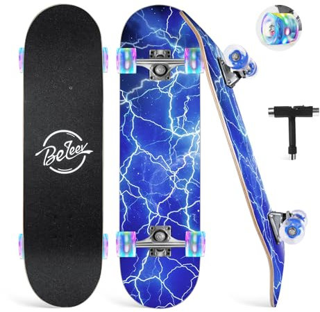 BELEEV Skateboard 31x8 Zoll Komplette Cruiser Skateboard für Kinder Jugendliche Erwachsene, 7-Lagiger Kanadischer Ahorn Double Kick Deck Concave mit All-in-one Skate T-Tool für Anfänger